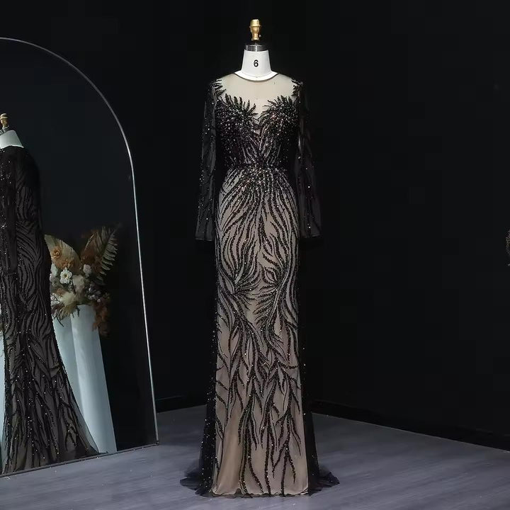 Luxury Dubai White Nude Mermaid Evening Dresses Long Sleeve SS684