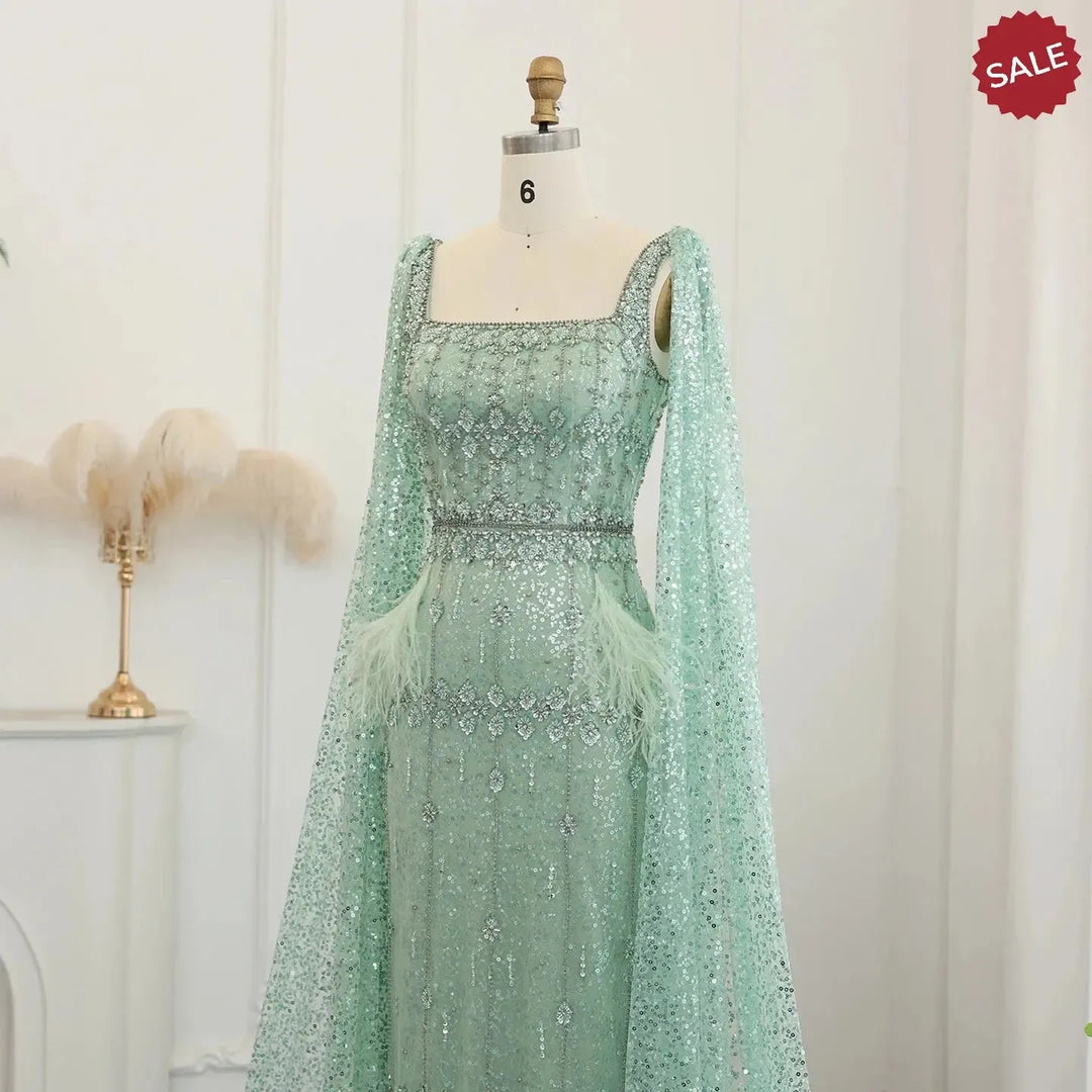 Bling Gray Mermaid Arabic Evening Dress with Cape SS279