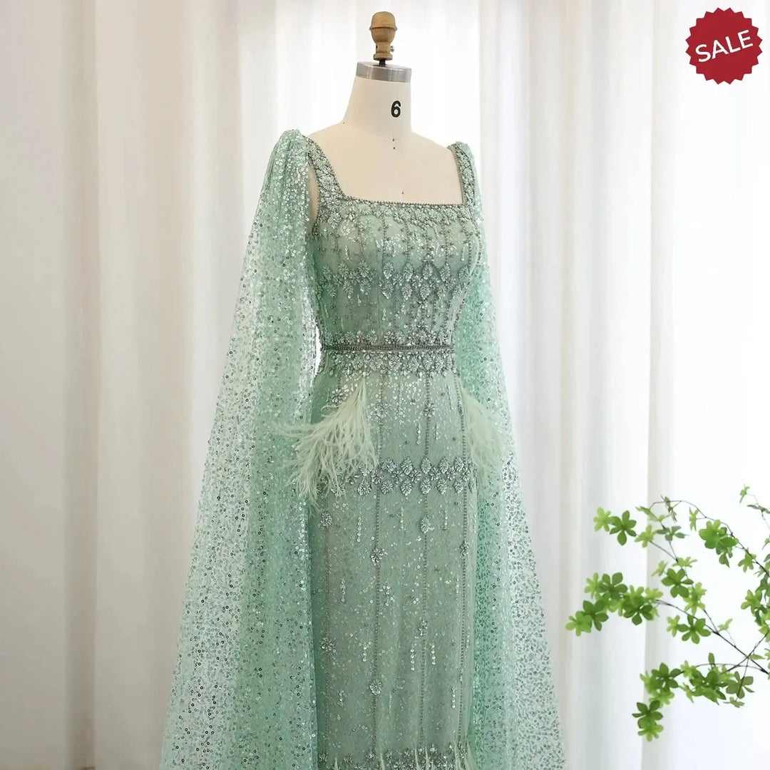 Bling Gray Mermaid Arabic Evening Dress with Cape SS279