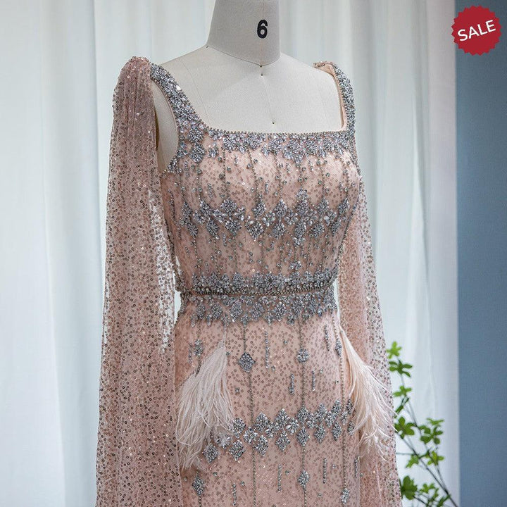 Bling Gray Mermaid Arabic Evening Dress with Cape SS279