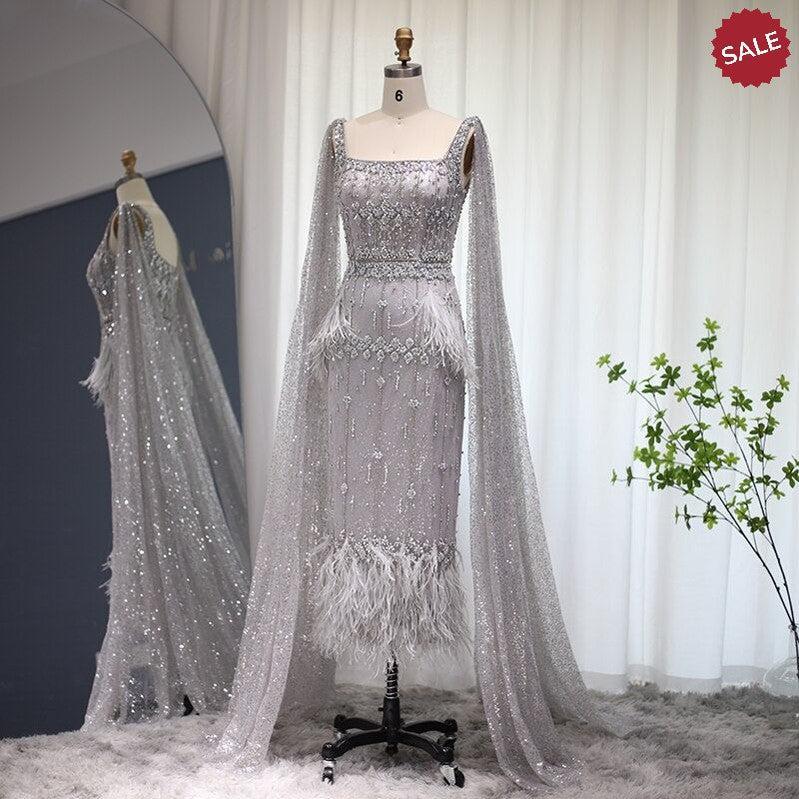 Bling Gray Mermaid Arabic Evening Dress with Cape Luxury Feather Formal Dresses for Women Wedding Party White / 2 Bling Gray Mermaid Arabic Evening Dress with Cape Luxury Feather Formal Dresses for Women Wedding Party White / 2