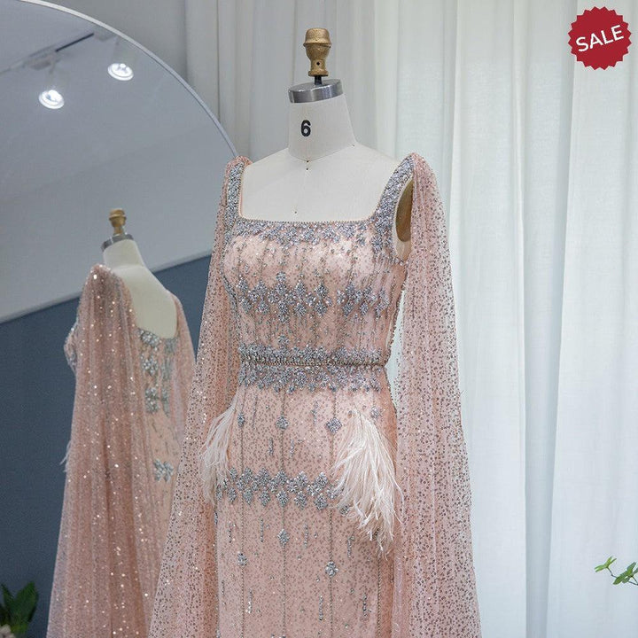 Bling Gray Mermaid Arabic Evening Dress with Cape SS279
