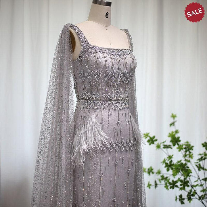 Bling Gray Mermaid Arabic Evening Dress with Cape SS279