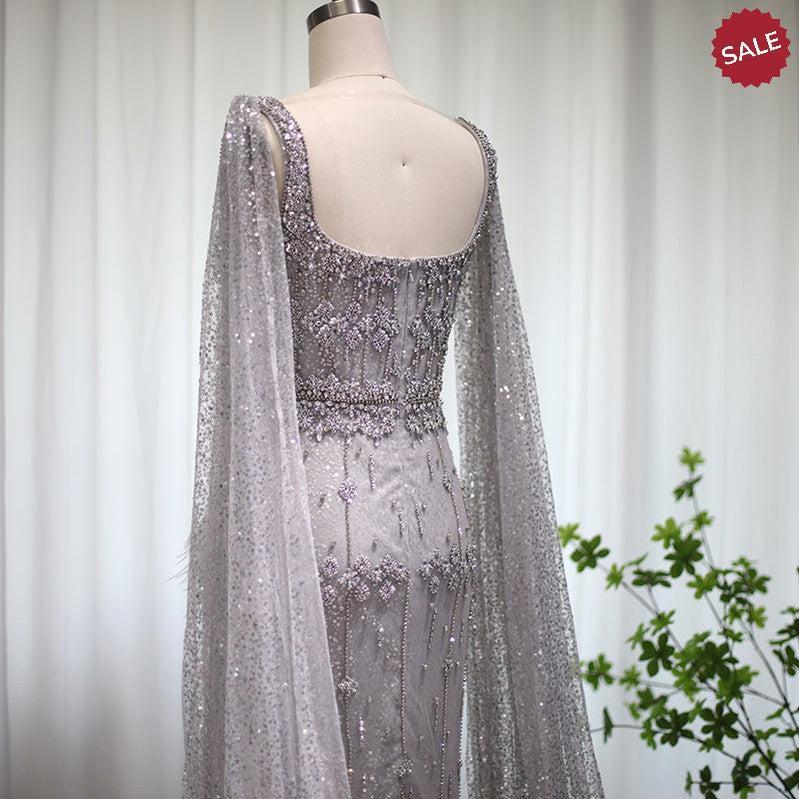 Bling Gray Mermaid Arabic Evening Dress with Cape SS279