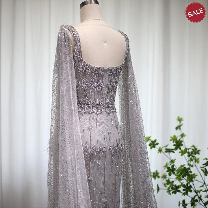 Bling Gray Mermaid Arabic Evening Dress with Cape SS279