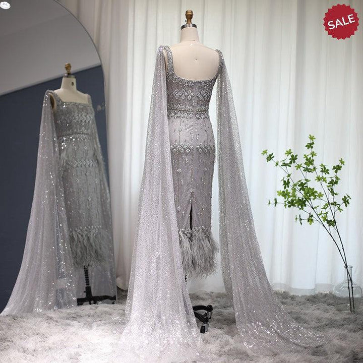 Bling Gray Mermaid Arabic Evening Dress with Cape SS279