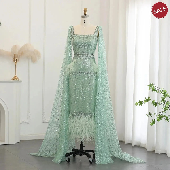 Bling Gray Mermaid Arabic Evening Dress with Cape SS279