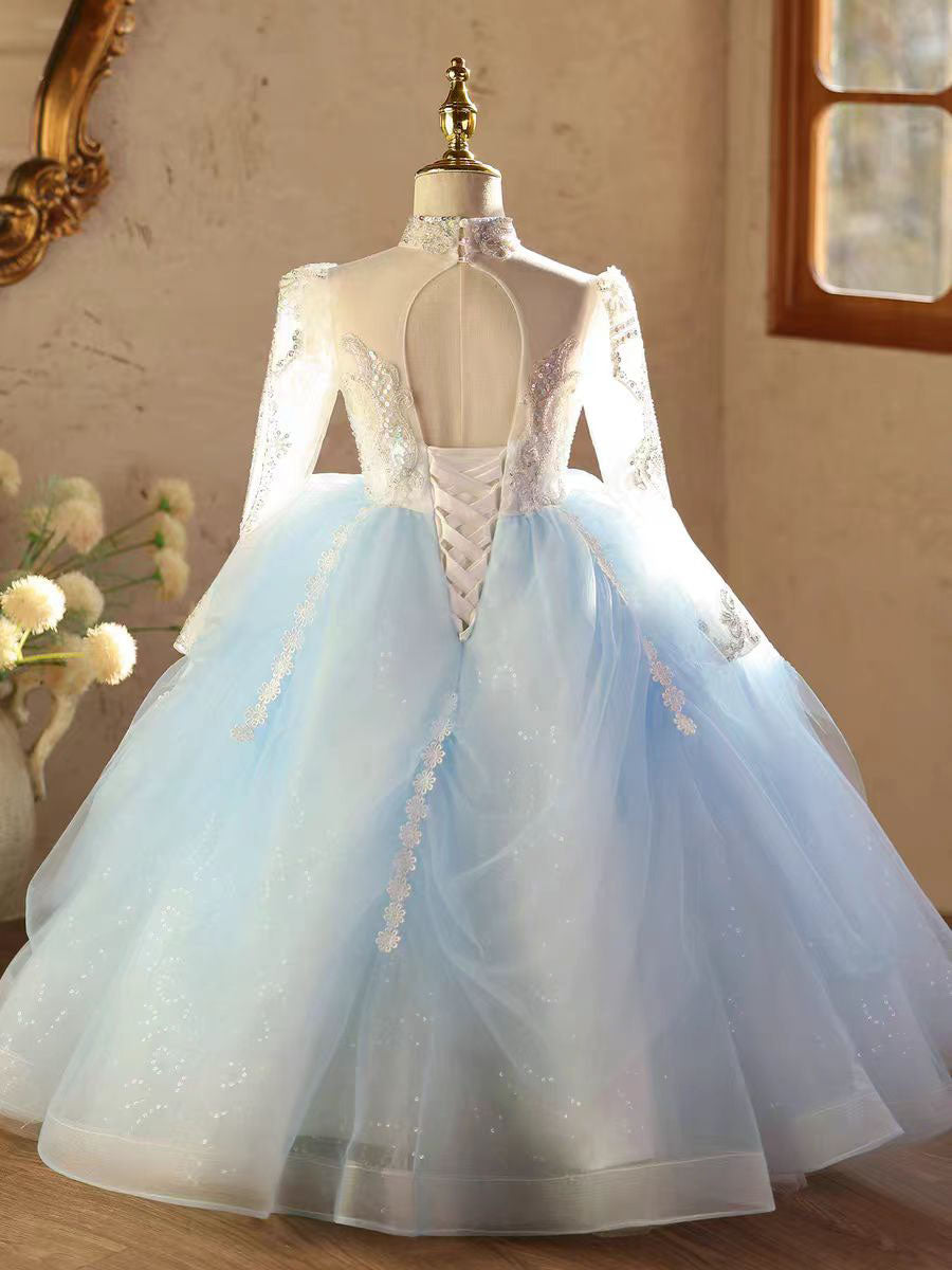 Blue Long Sleeve Flower Girl Dress for Birthday Pageant D211