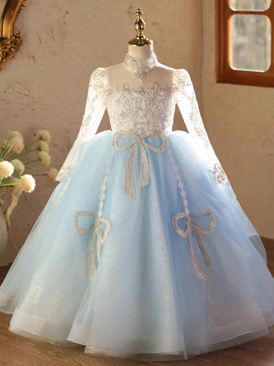 Blue Long Sleeve Flower Girl Dress for Birthday Pageant D211 Blue / child-6
