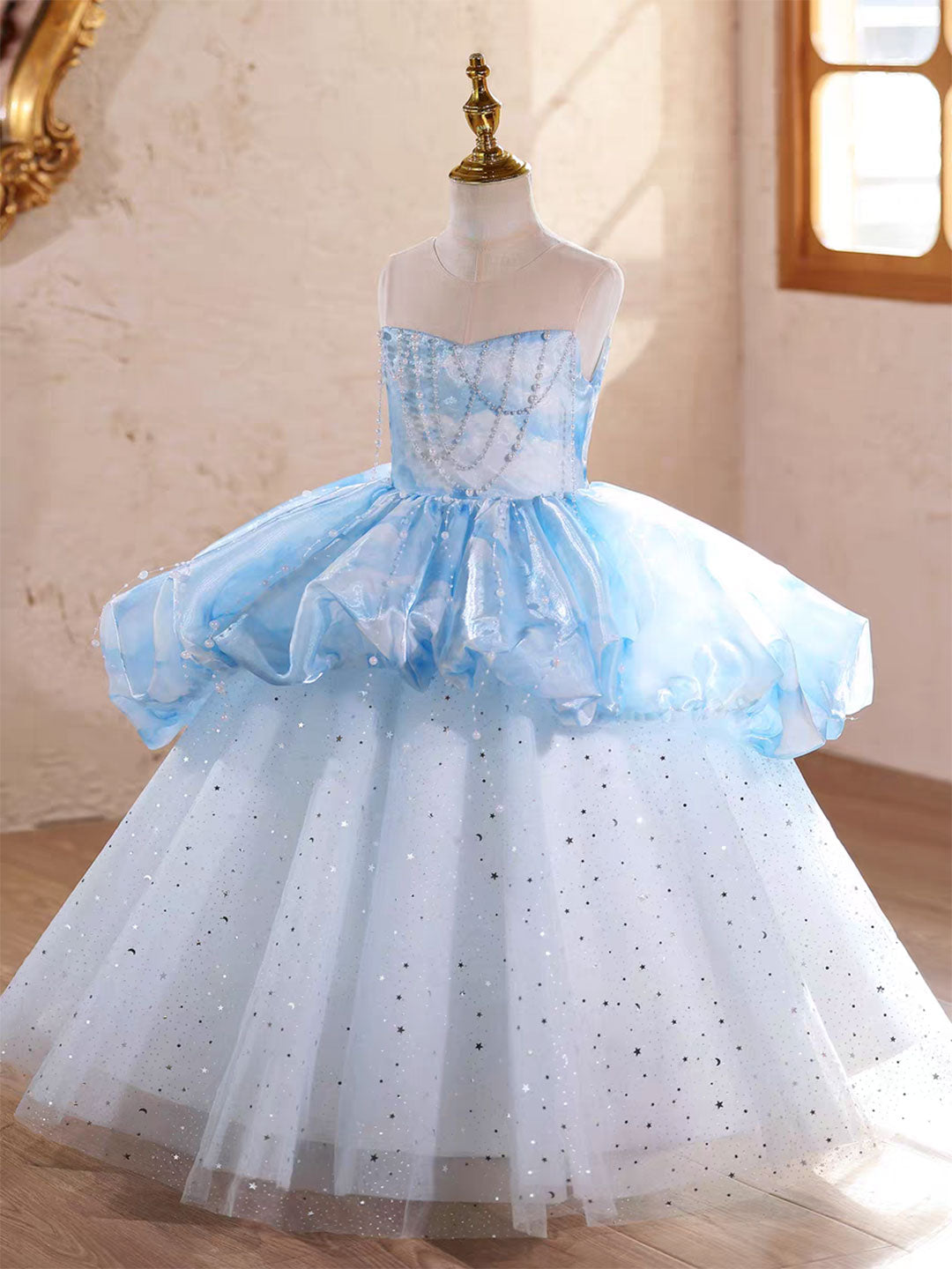 Elegant Blue Princess Girl Dress Pearl Embellished Birthday Party Gown D231