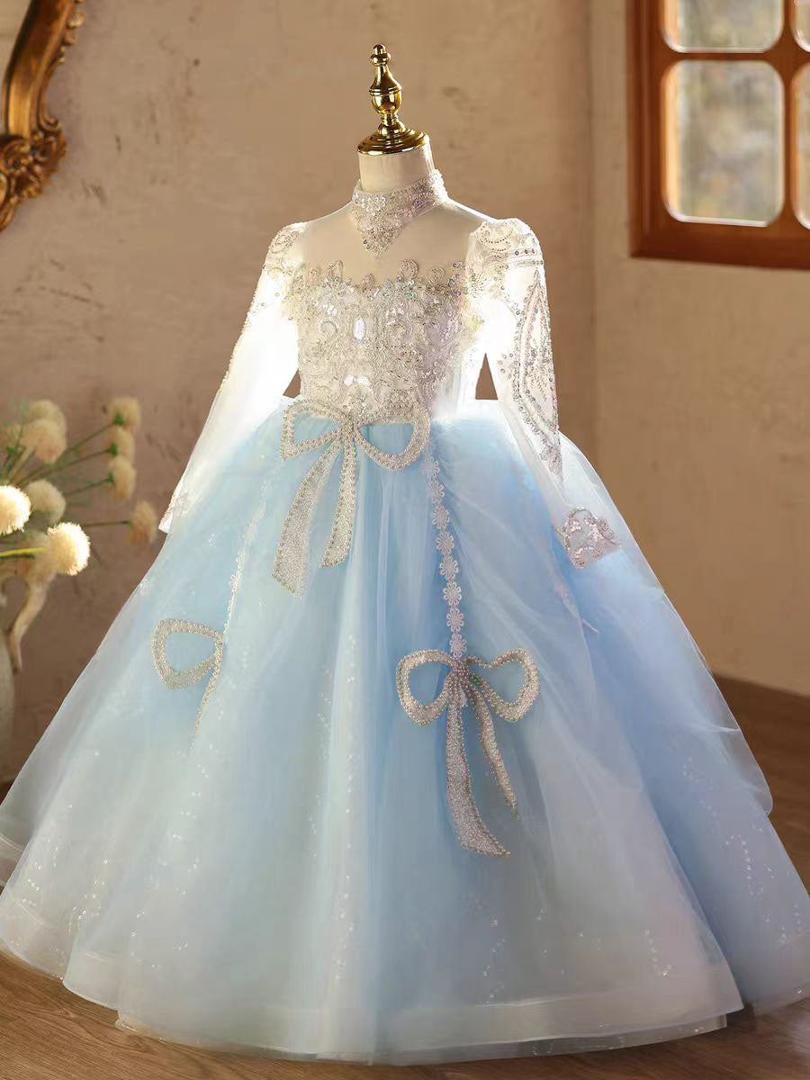 Blue Long Sleeve Flower Girl Dress for Birthday Pageant D211