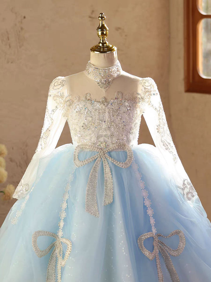 Blue Long Sleeve Flower Girl Dress for Birthday Pageant D211