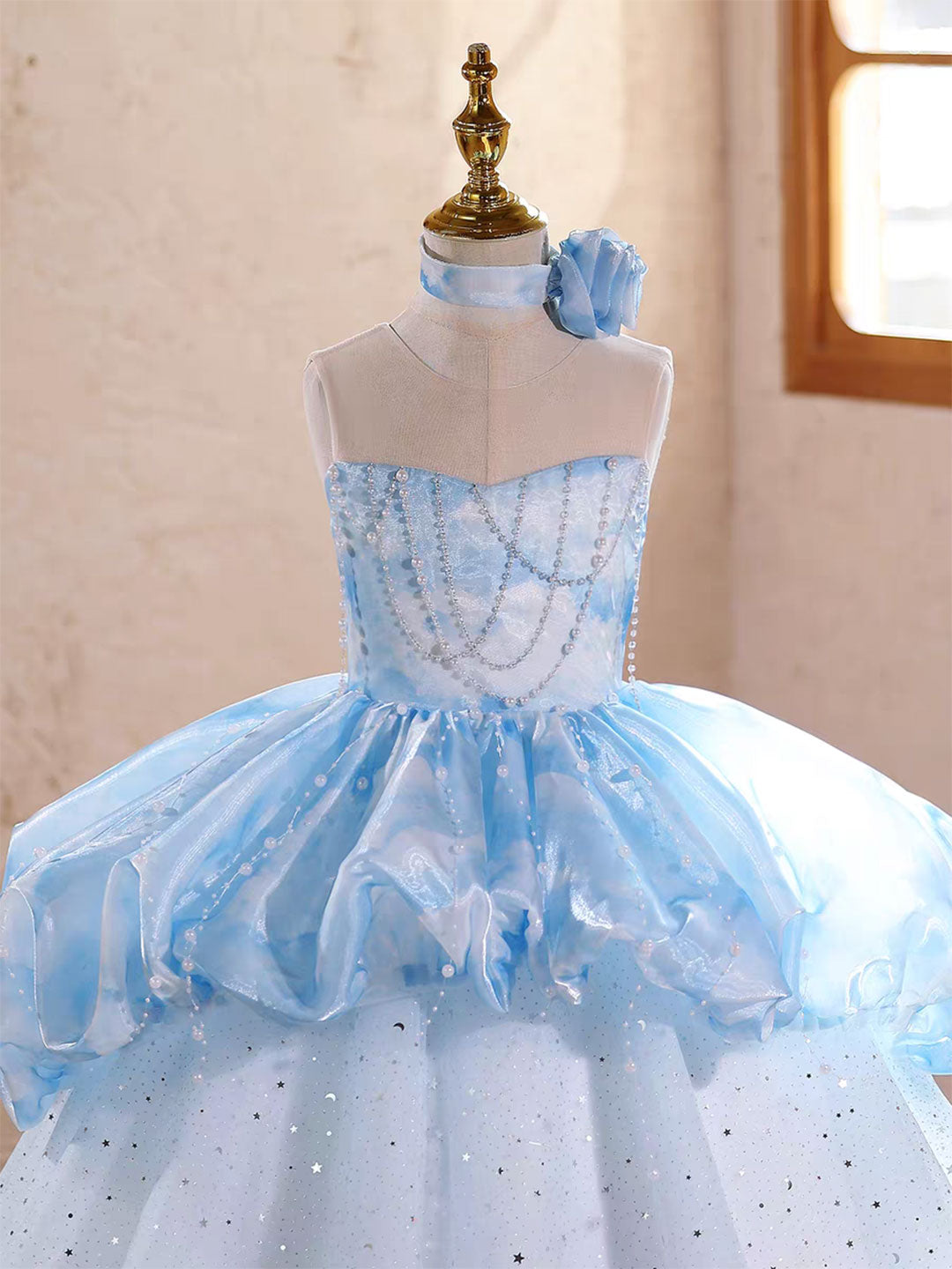 Elegant Blue Princess Girl Dress Pearl Embellished Birthday Party Gown D231