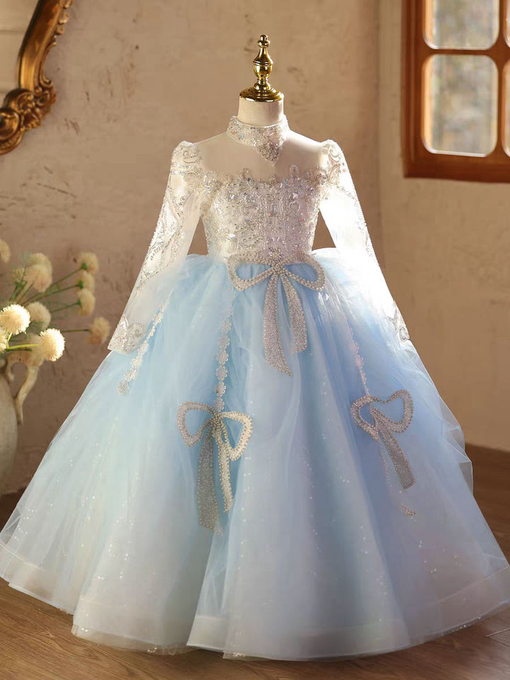 Blue Long Sleeve Flower Girl Dress for Birthday Pageant D211