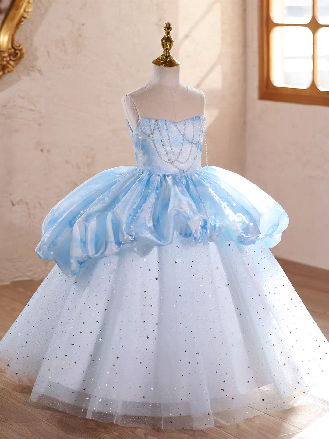 Elegant Blue Princess Girl Dress Pearl Embellished Birthday Party Gown D231
