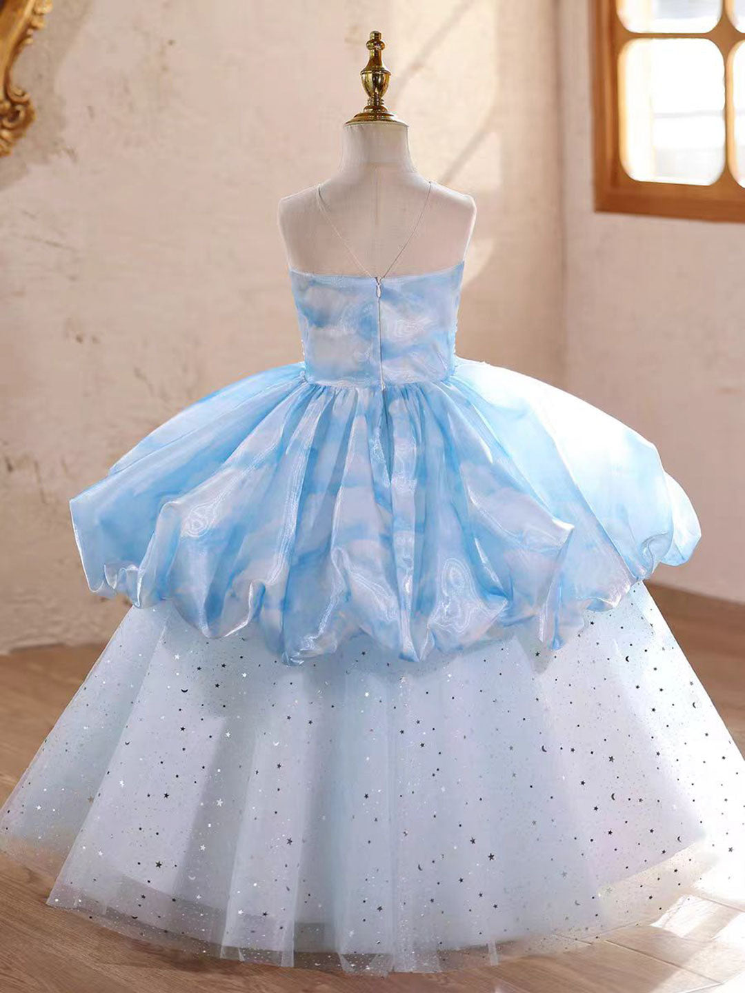 Elegant Blue Princess Girl Dress Pearl Embellished Birthday Party Gown D231