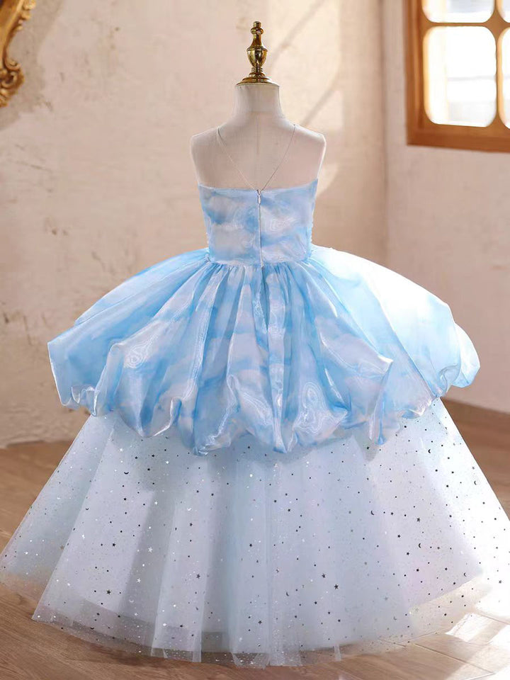 Elegant Blue Princess Girl Dress Pearl Embellished Birthday Party Gown D231