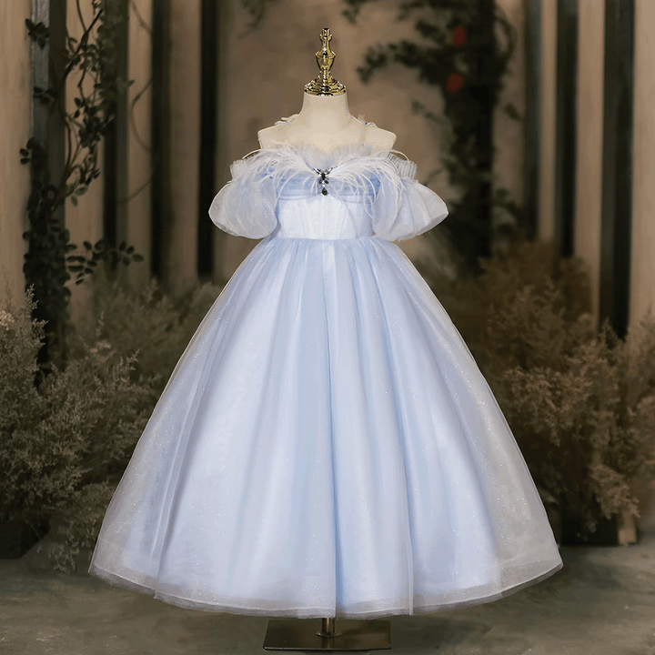Blue Tulle Flower Girl Dress with Feather Kids Princess Ball Gown J617