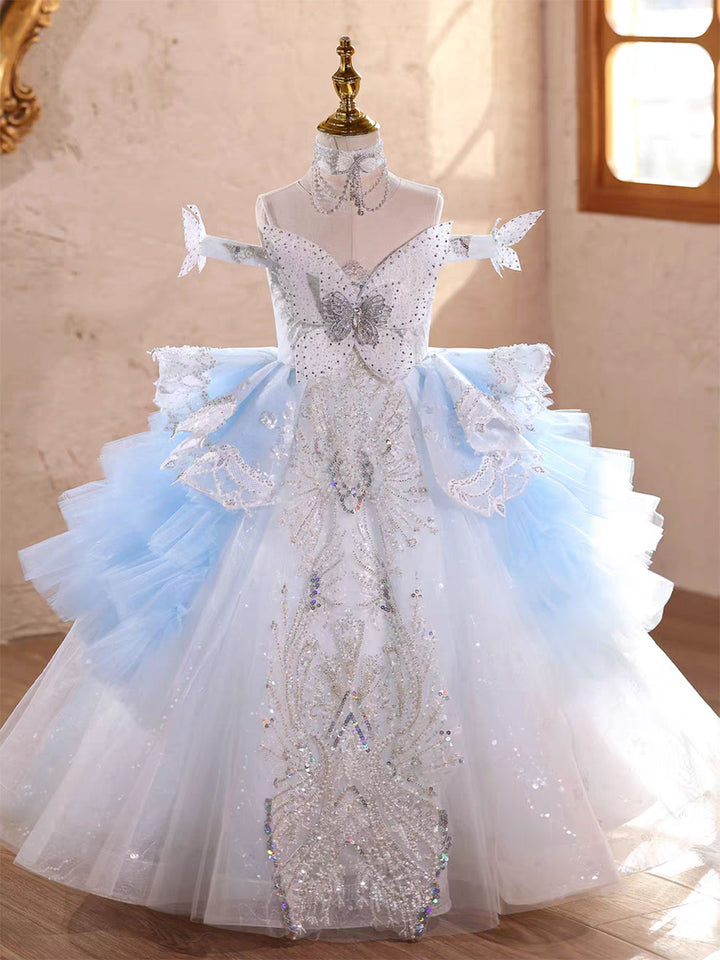 Luxury Blue Princess Girl Dress with Beading Birthday Pageant Party D232