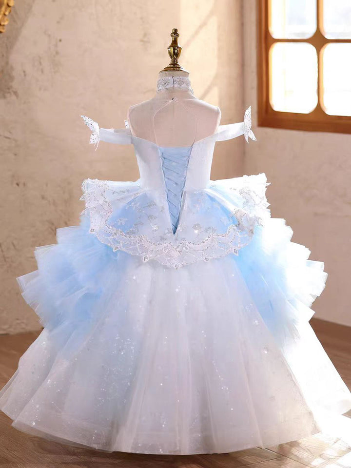 Luxury Blue Princess Girl Dress with Beading Birthday Pageant Party D232