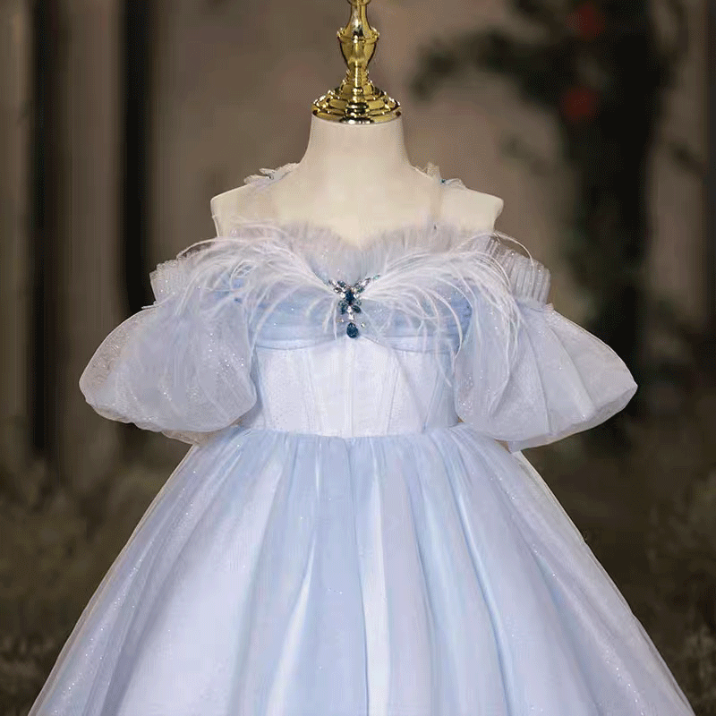 Blue Tulle Flower Girl Dress with Feather Kids Princess Ball Gown J617