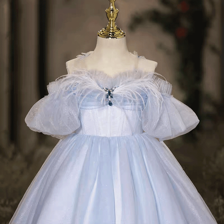 Blue Tulle Flower Girl Dress with Feather Kids Princess Ball Gown J617
