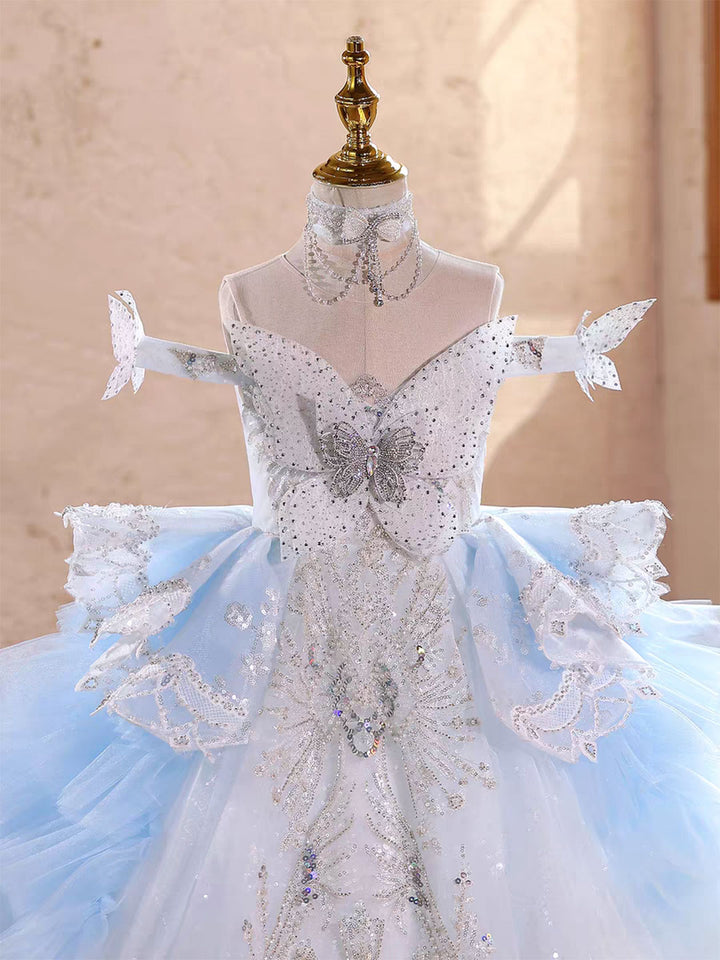 Luxury Blue Princess Girl Dress with Beading Birthday Pageant Party D232