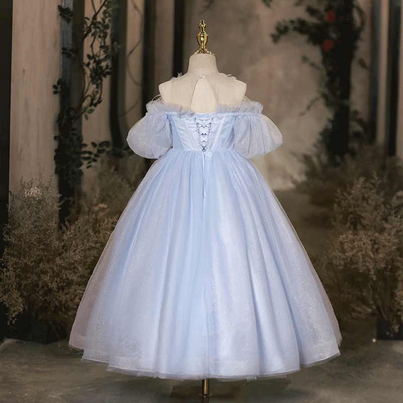 Blue Tulle Flower Girl Dress with Feather Kids Princess Ball Gown J617