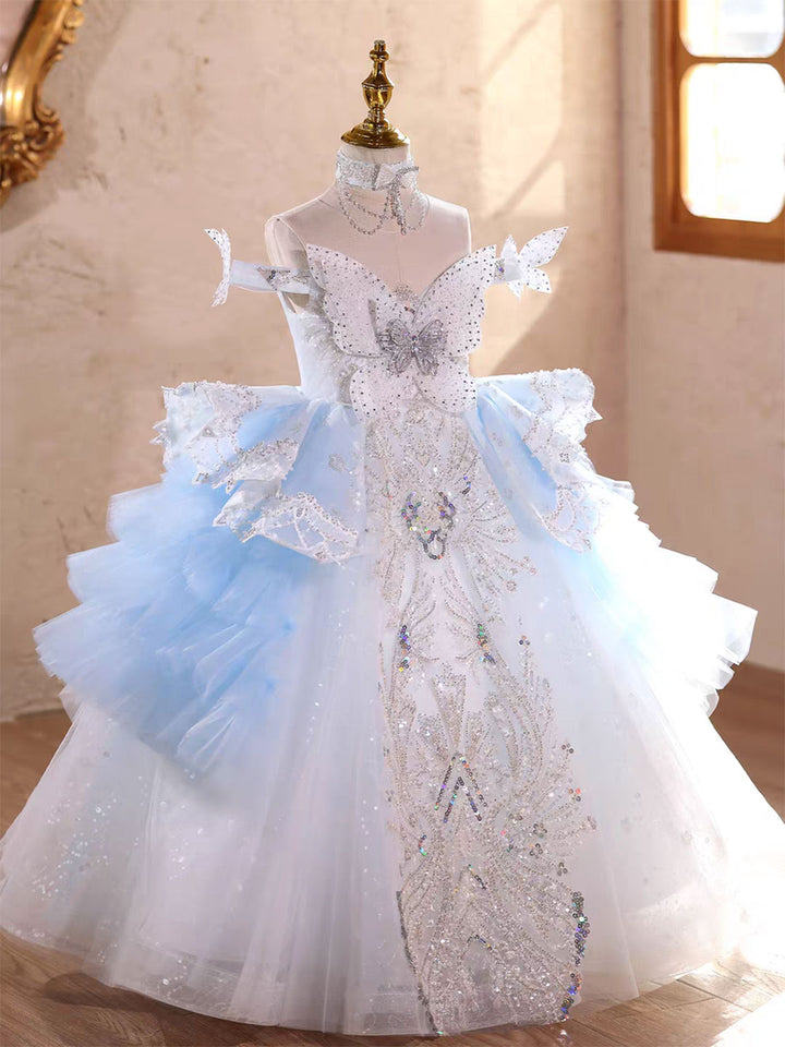 Luxury Blue Princess Girl Dress with Beading Birthday Pageant Party D232