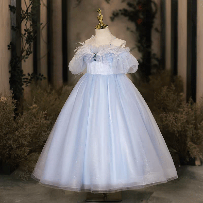 Blue Tulle Flower Girl Dress with Feather Kids Princess Ball Gown J617