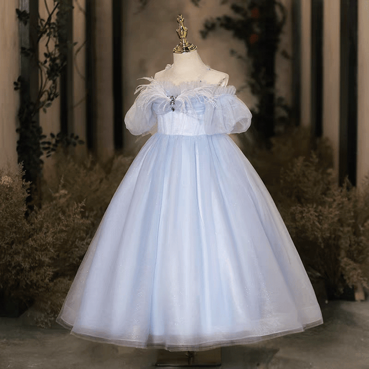 Blue Tulle Flower Girl Dress with Feather Kids Princess Ball Gown J617