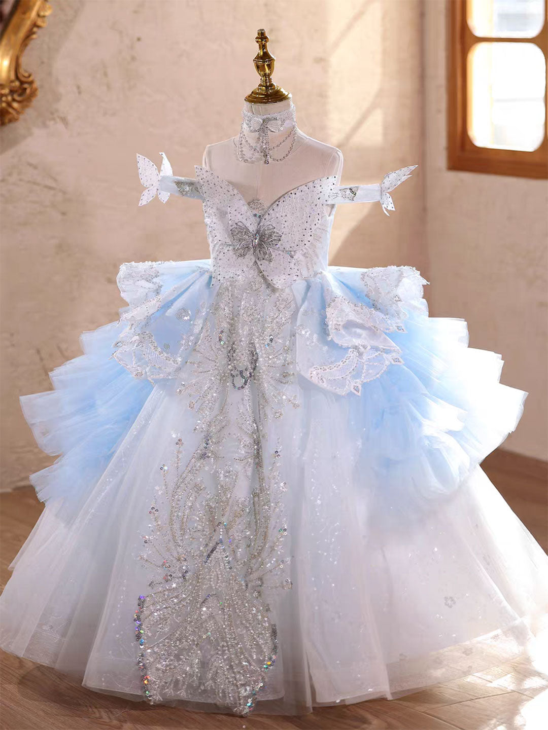 Luxury Blue Princess Girl Dress with Beading Birthday Pageant Party D232