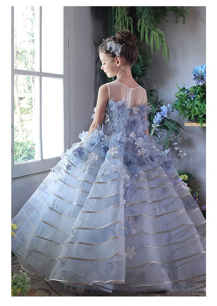Dreamy Blue Princess Girl Dress with Floral Appliqués J160