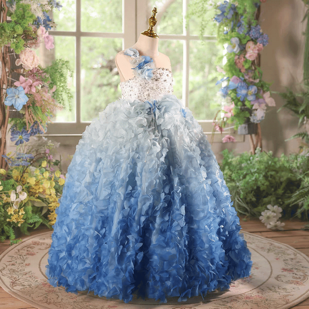 Blue Ombre Flower Girl Dress with 3D Floral Layers Kids Princess Ball Gown J615