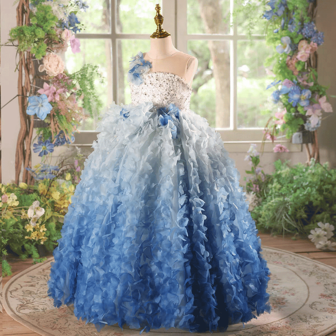 Blue Ombre Flower Girl Dress with 3D Floral Layers Kids Princess Ball Gown J615