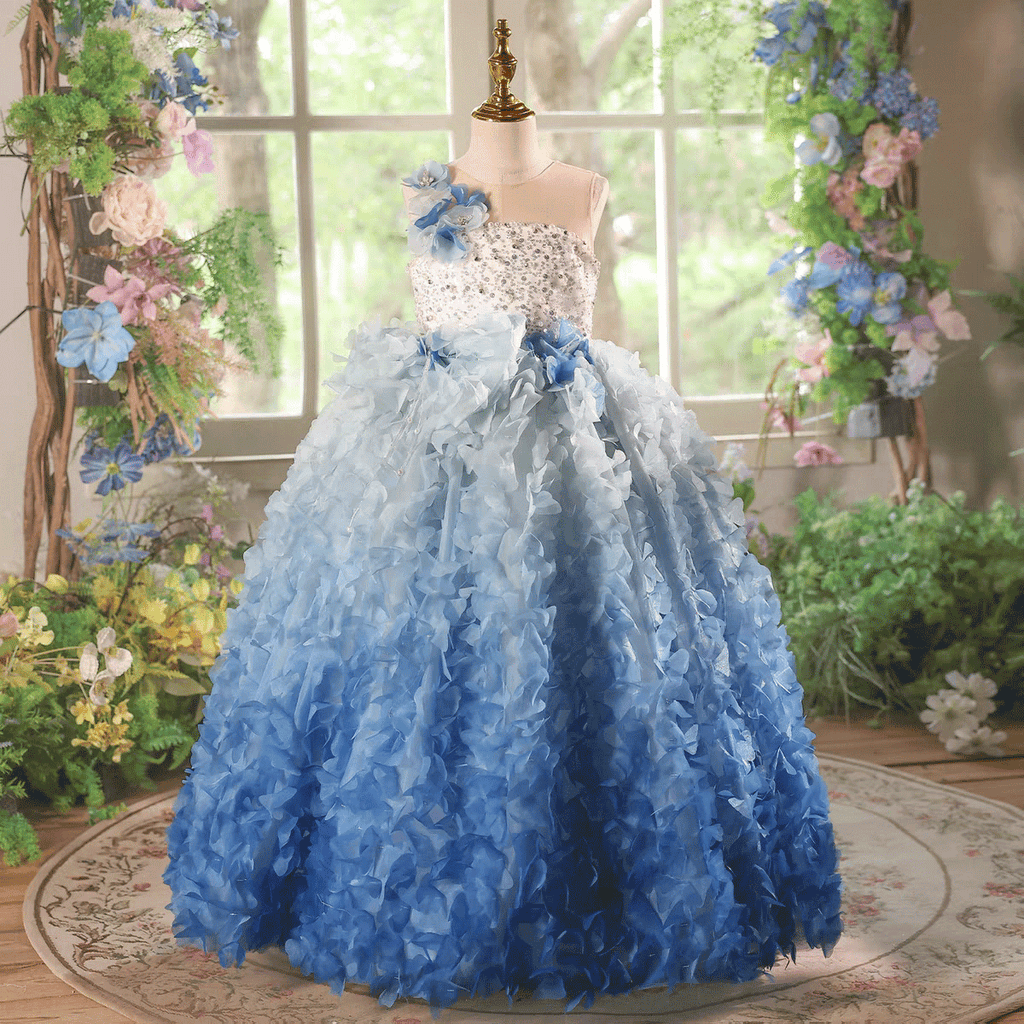 Blue Ombre Flower Girl Dress with 3D Floral Layers Kids Princess Ball Gown J615 Blue / child-6