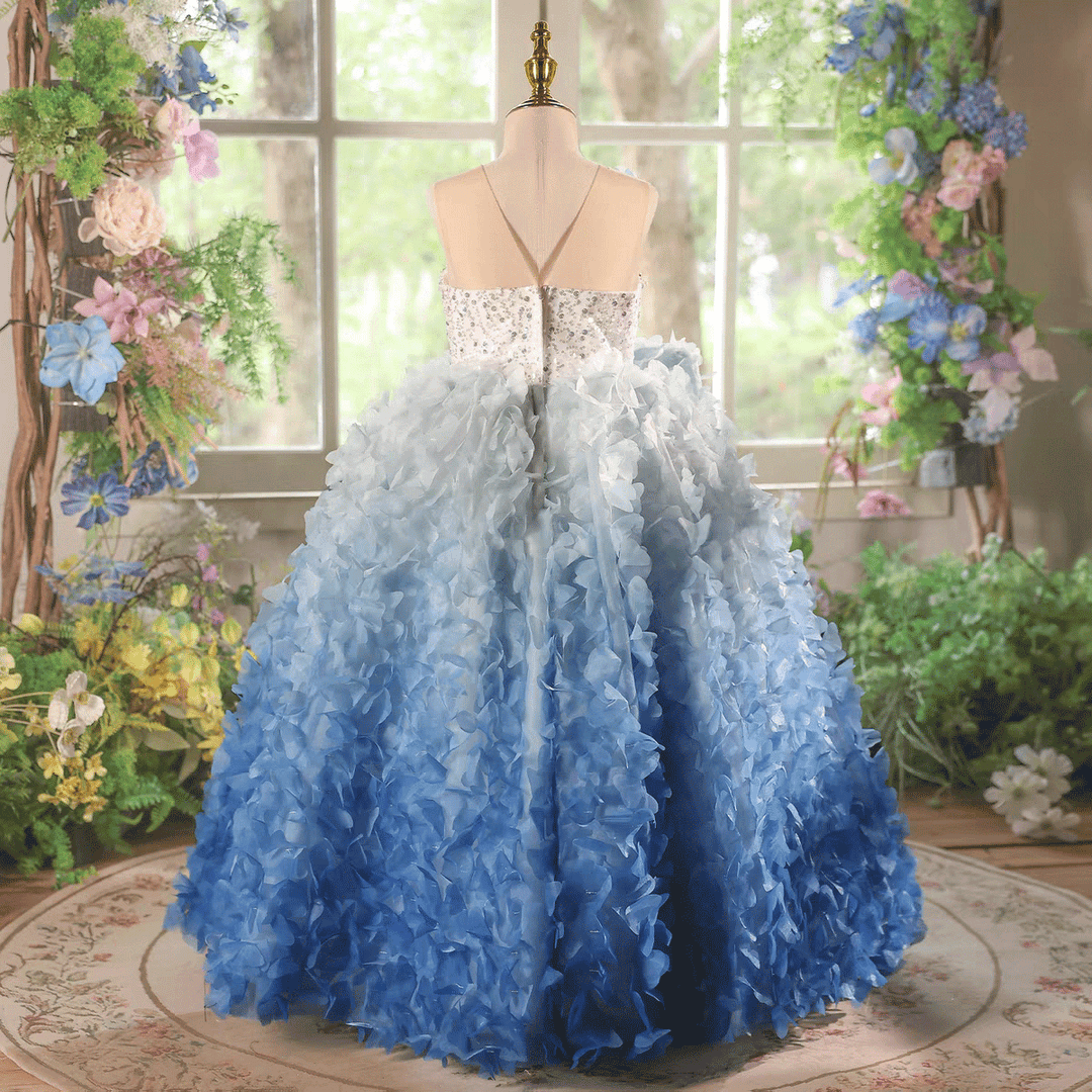 Blue Ombre Flower Girl Dress with 3D Floral Layers Kids Princess Ball Gown J615