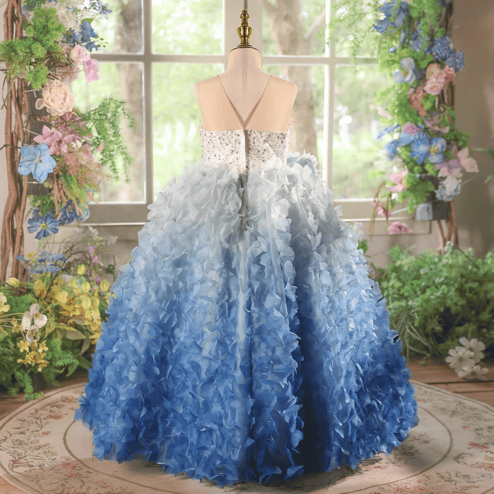 Blue Ombre Flower Girl Dress with 3D Floral Layers Kids Princess Ball Gown J615