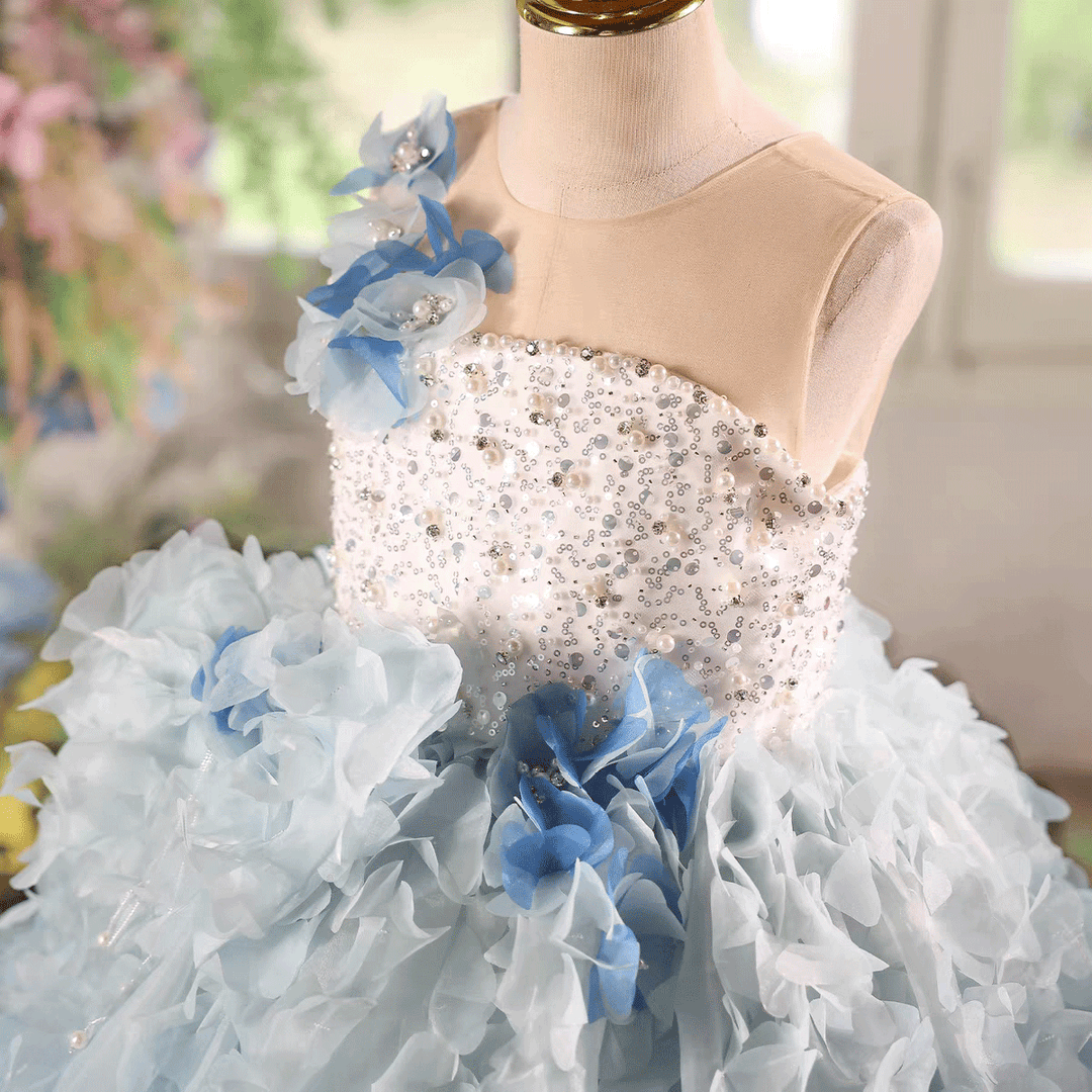 Blue Ombre Flower Girl Dress with 3D Floral Layers Kids Princess Ball Gown J615