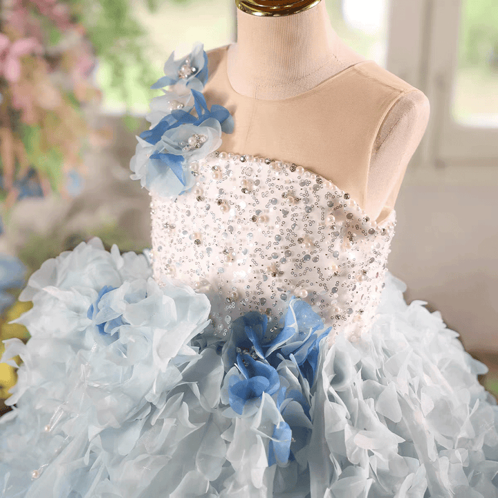 Blue Ombre Flower Girl Dress with 3D Floral Layers Kids Princess Ball Gown J615