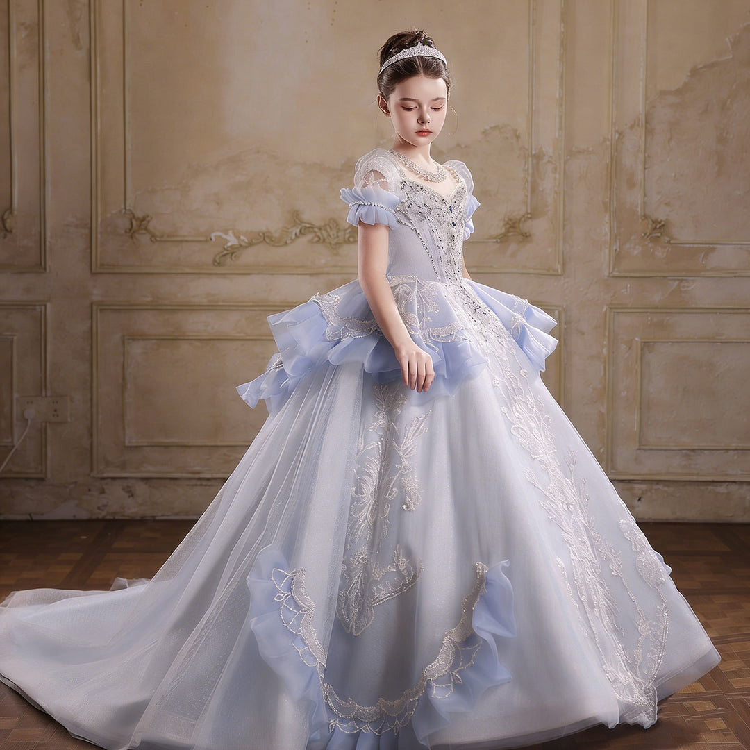 Luxury Blue Embroidered Flower Girl Dress with Ruffle Sleeves and Full Ball Gown Skirt J054
