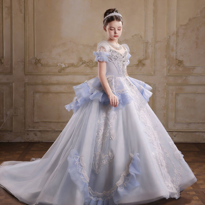 Luxury Blue Embroidered Flower Girl Dress with Ruffle Sleeves and Full Ball Gown Skirt J054
