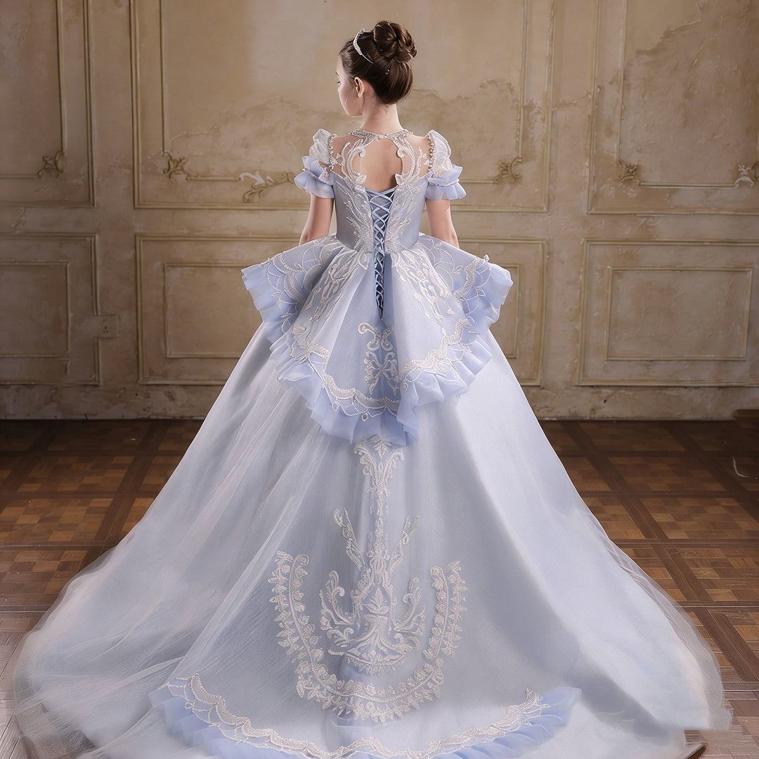 Luxury Blue Embroidered Flower Girl Dress with Ruffle Sleeves and Full Ball Gown Skirt J054