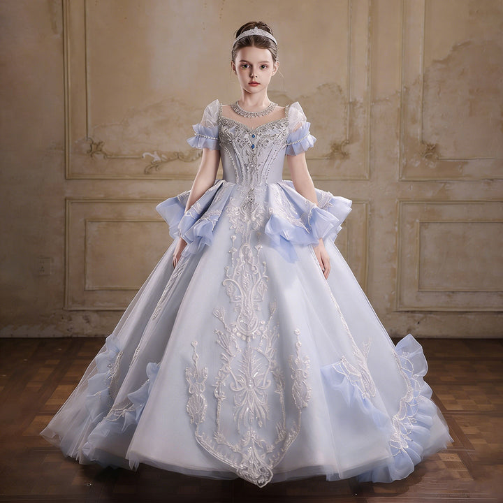 Luxury Blue Embroidered Flower Girl Dress with Ruffle Sleeves and Full Ball Gown Skirt J054