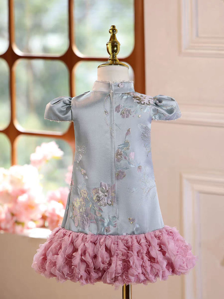 Chinese Cheongsam Dress for Girls Floral Blue Kids Dress with Ruffle Skirt D249