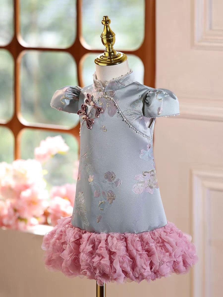 Chinese Cheongsam Dress for Girls Floral Blue Kids Dress with Ruffle Skirt D249