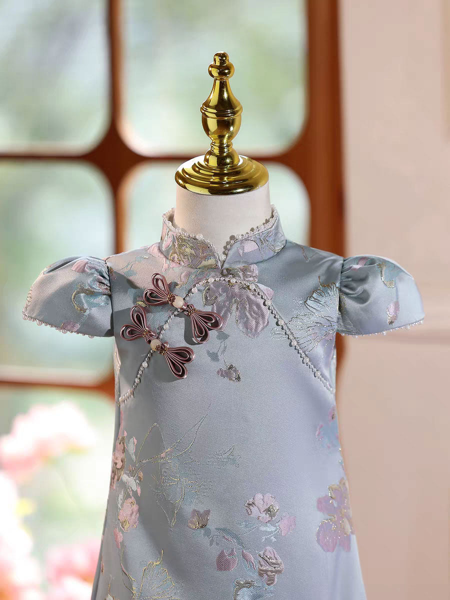 Chinese Cheongsam Dress for Girls Floral Blue Kids Dress with Ruffle Skirt D249