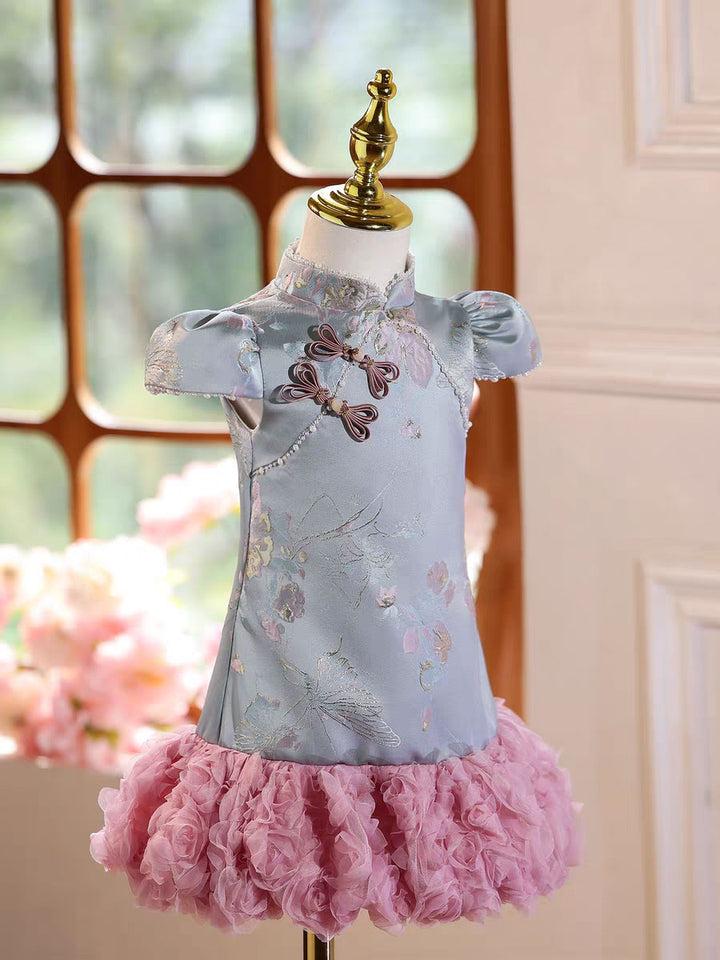 Chinese Cheongsam Dress for Girls Floral Blue Kids Dress with Ruffle Skirt D249