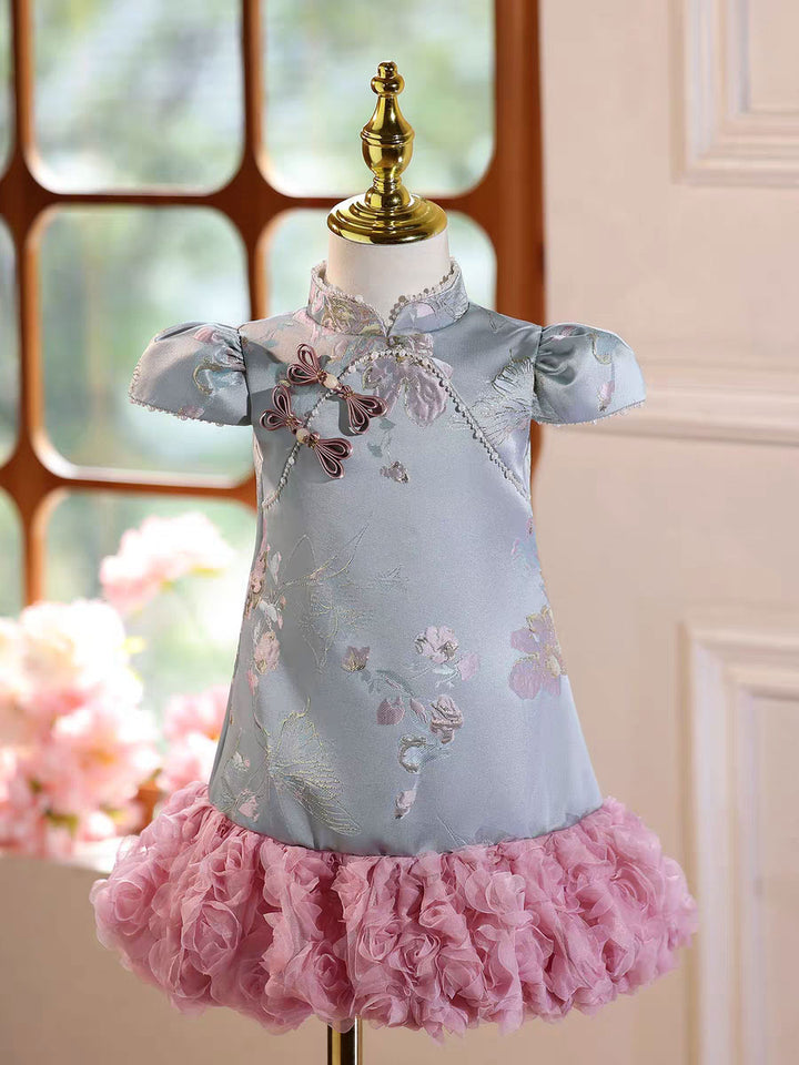 Chinese Cheongsam Dress for Girls Floral Blue Kids Dress with Ruffle Skirt D249