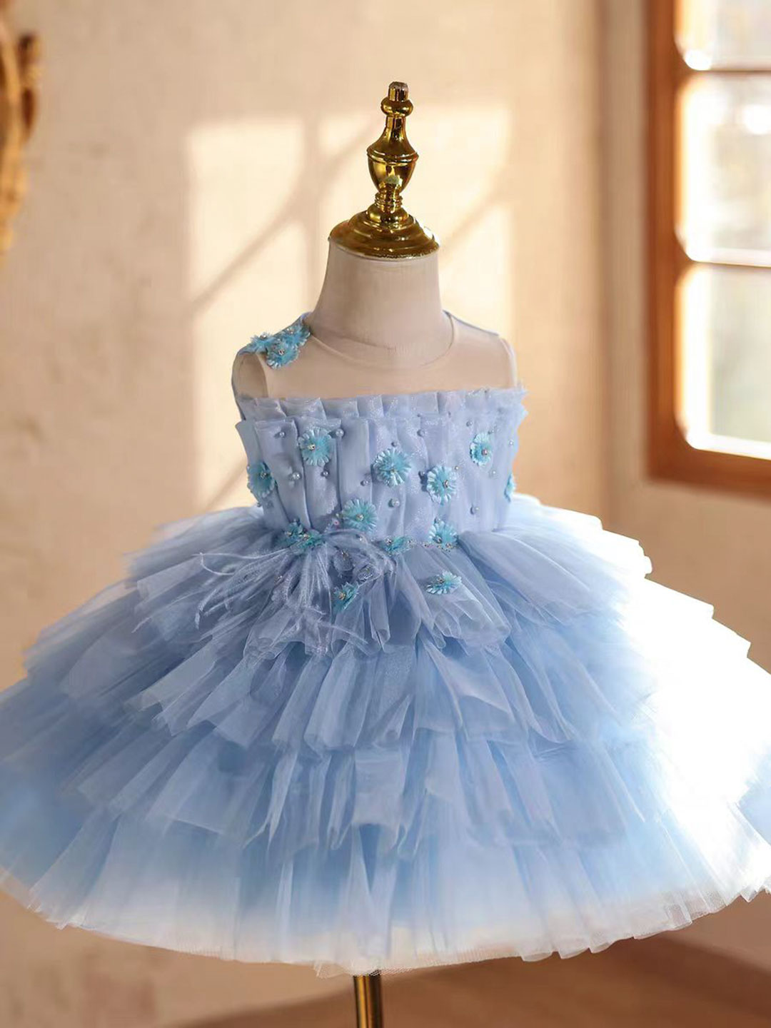 Elegant Blue 3D Pageant Runway Princess Birthday Flower Girl Dress D222